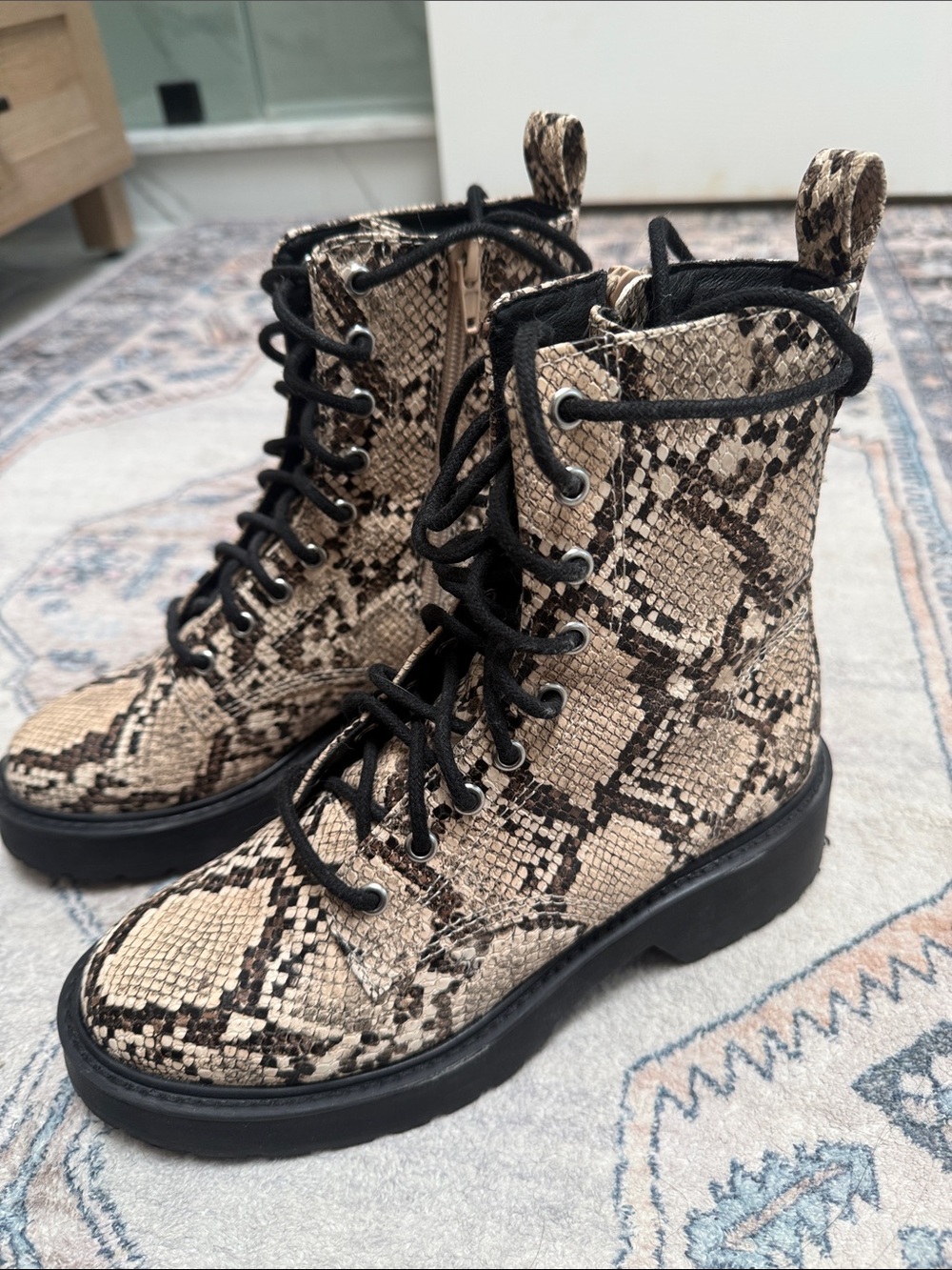 Steve Madden Snake-Print Combat Boots in Beige and Black